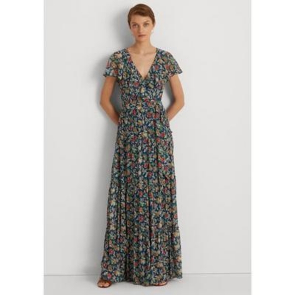 Lauren Ralph Lauren Dresses & Skirts - Lauren Ralph Lauren Floral Crinkle Georgette Gown - Blue Multi